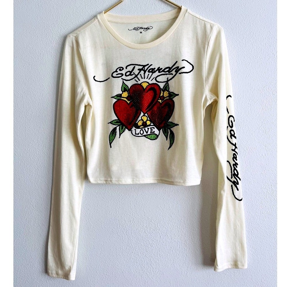 Ed Hardy Shirt Womens Medium White Long Sleeve Rhinestone Heart Cropped Top